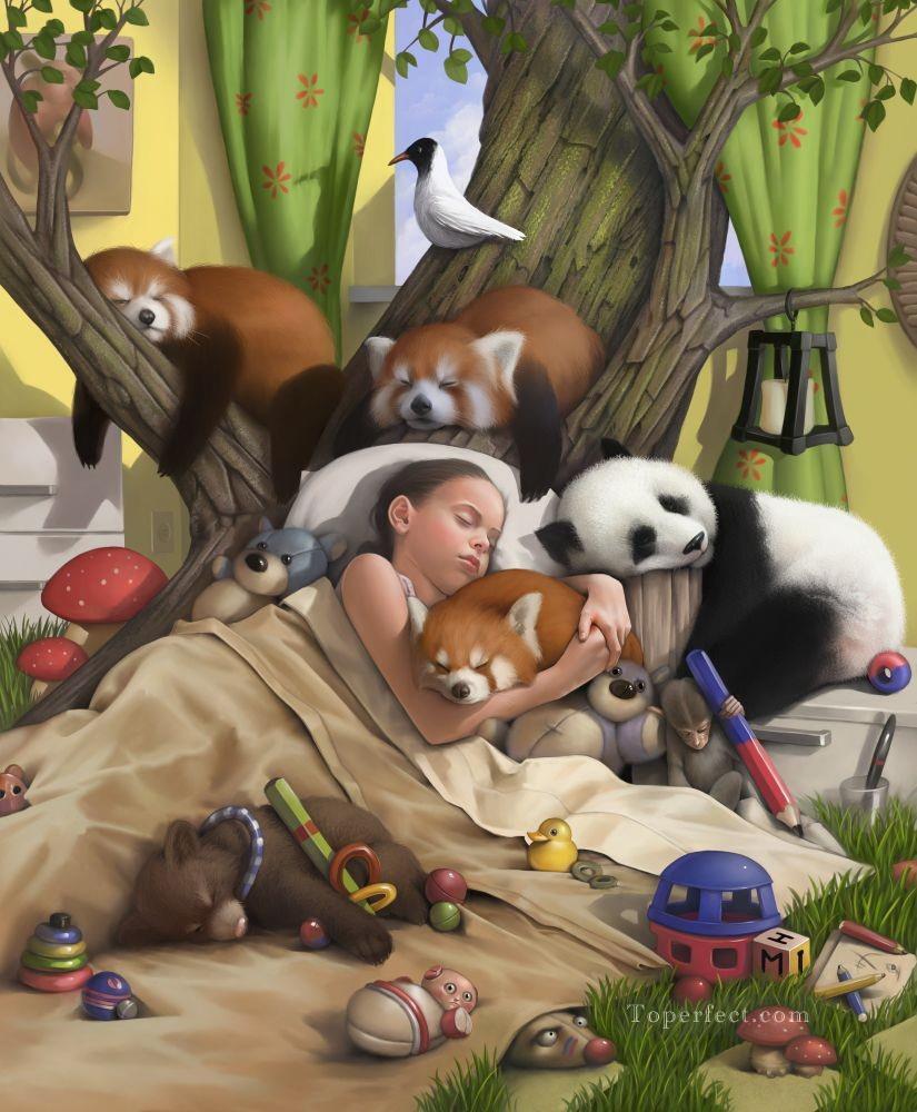 fille endormie et ours singe panda Peintures à l'huile